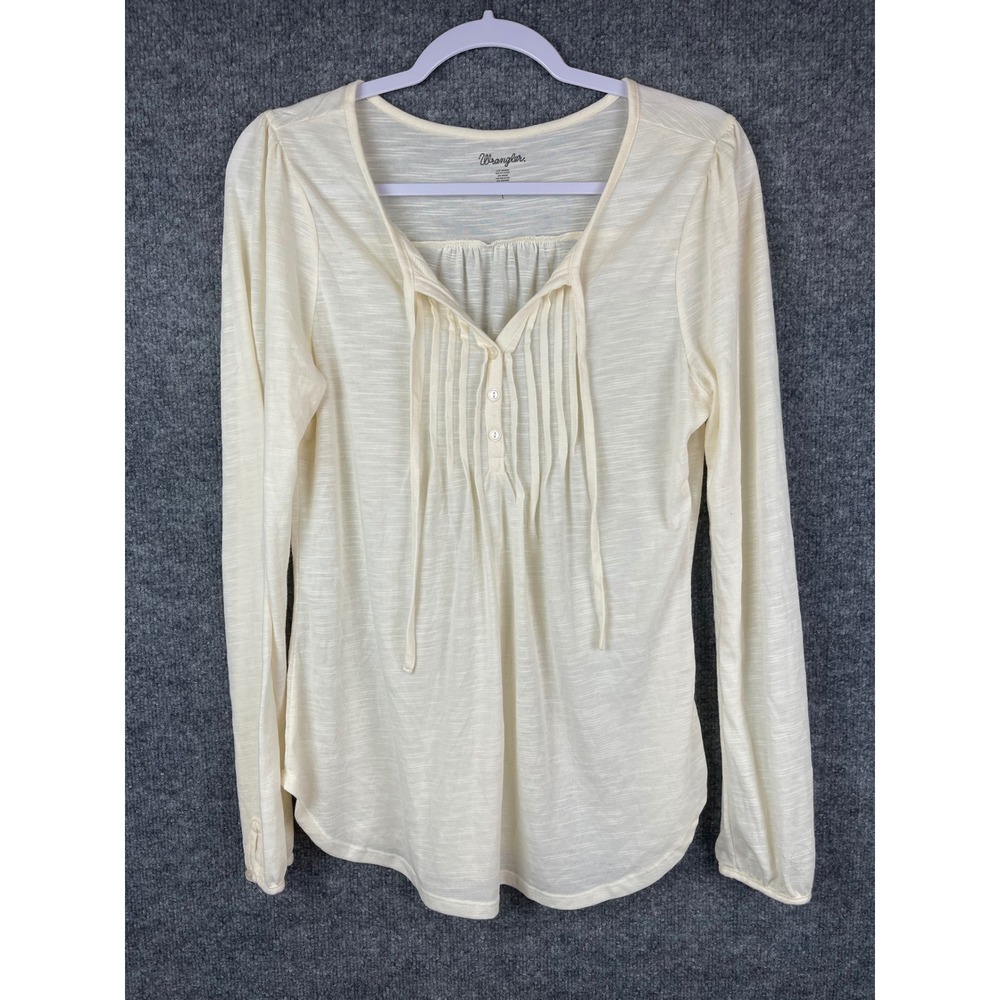 Wrangler Henley Top Womens Large Cream Excellent Slub Knit Long Sleeve Pleated
